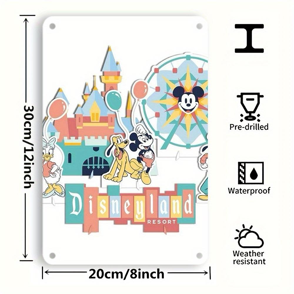 1pc Disneyland Resort Metal Tin Sign 8x12 Inch - Vintage Wall Art Featuring Mickey, Minnie, Donald, and Pluto In Front of a Cast