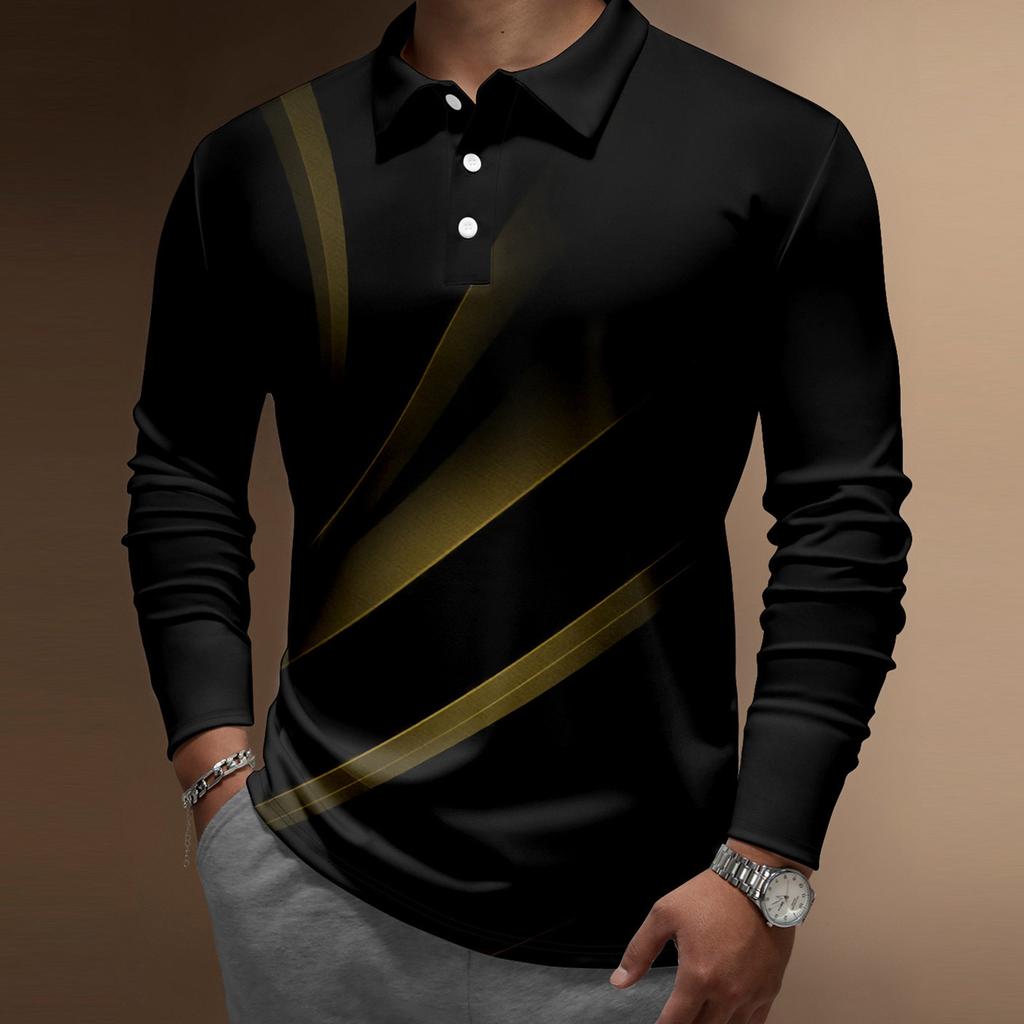 Herren-Revers-Langarm-bedrucktes Freizeit-Oberteil, lockeres Sport-Revers-Hemd