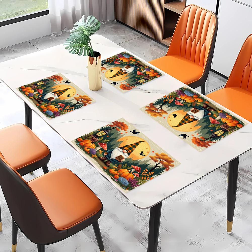 4 Stück/6 Stück Herbst-Elemente Thanksgiving Halloween Feiertagsdekoration Leinen-Tischsets mit Herbst-Gnom Kürbis Pilz 2D Flaches Muster Druck. Wunderschön und
