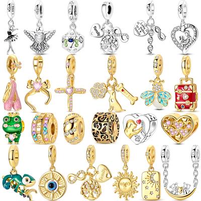 Original Copper Golden Pets Charms Bead Colorful Zirconium Clover Angel Heart Dangle Fit Bracelet Diy Jewelry Gift