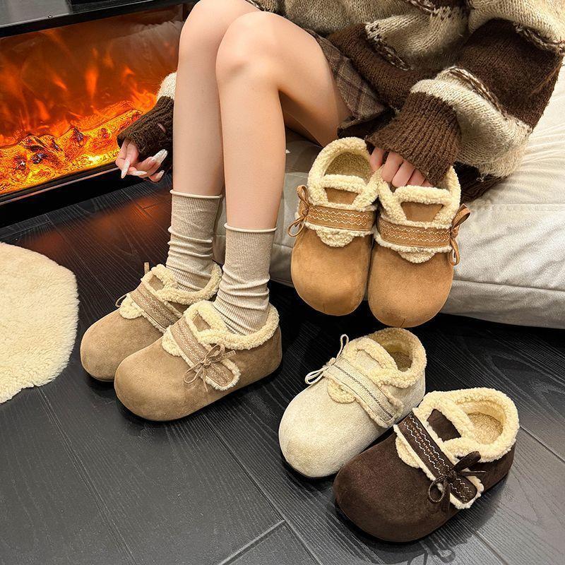 Soft-soled outer wear women's cotton shoes warm thick-soled casual Birkenstocks velvet Velcro bow