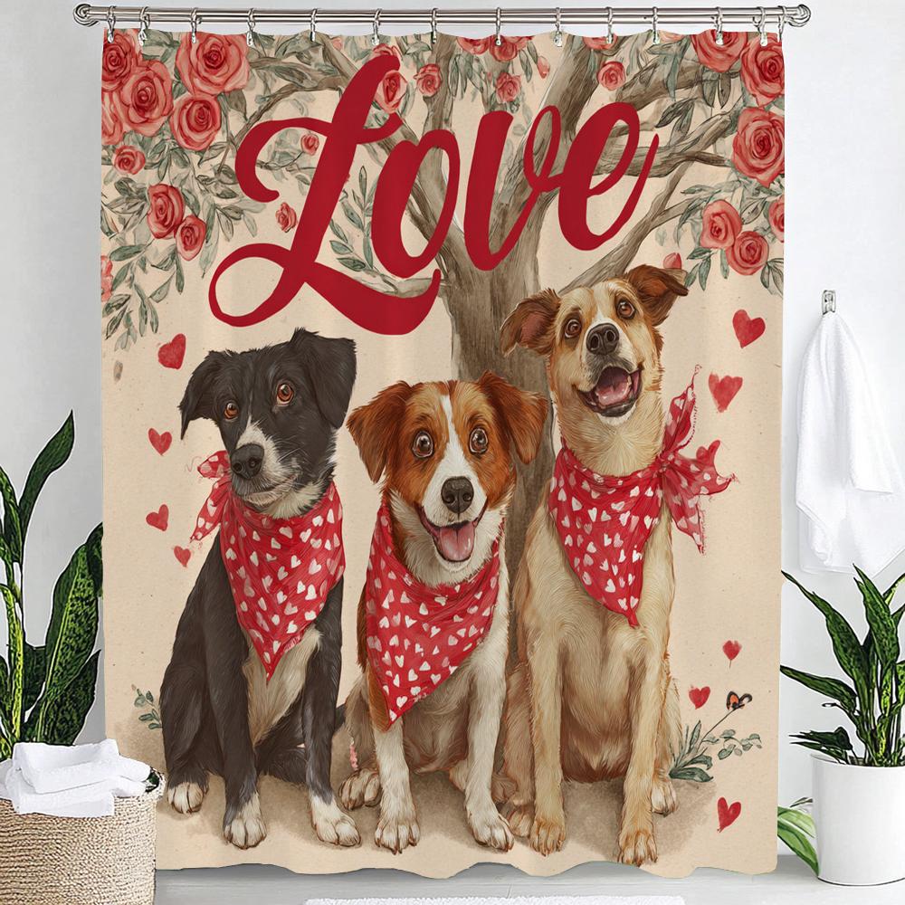 3D Printed Cute Puppies Shower Curtain Lovely Cartoon Animal Bathroom Decorative Curtain, Printed Home Curtain with 12 Hooks