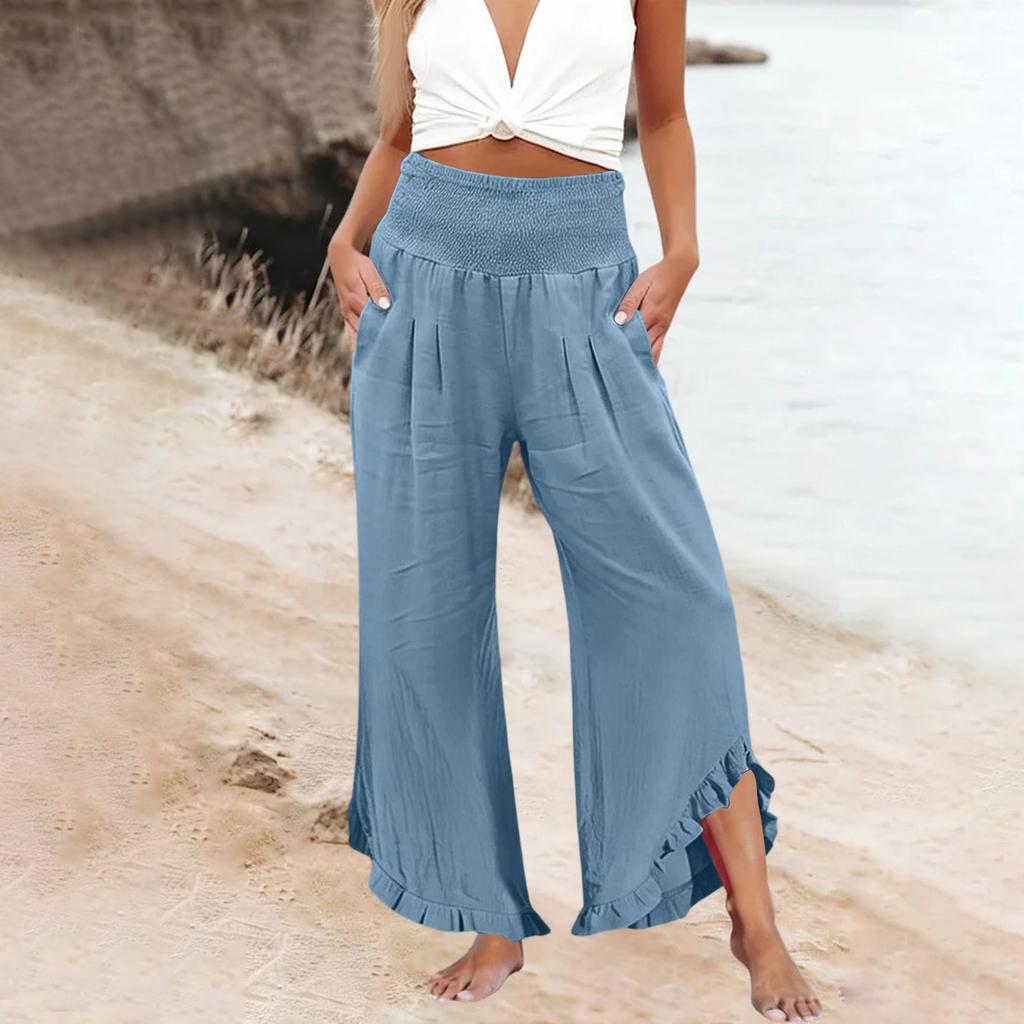 Womens Palazzo Pants Summer Casual Flowy Wide Leg Trousers Beach Travel Vacation Outfits