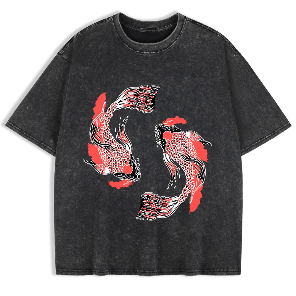 Japanese Koi Harajuku Prints Washed T-Shirts Mens Cotton Short Sleeve Tops Summer Oversize T Shirt Basic Male Clothes