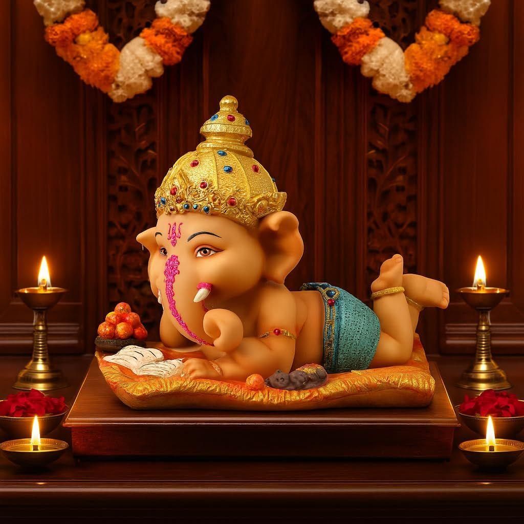 Resin Cute Bal Ganesha Decorative Statue for Home Decor - (Set of 1 Piece, Multicolor)