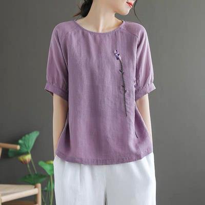 Women's Summer Retro Floral Embroidered Cotton-Linen Loose T-Shirt