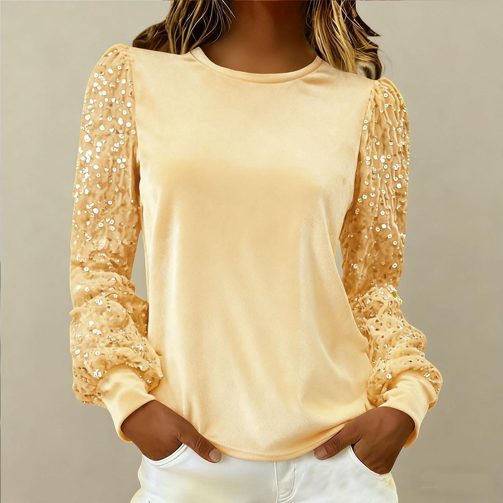 

2026 New Fashionable Women s Clothing Gold Velvet Round Neck Sequin Splicing Long Sleeved T-shirt Fashionable Comfortable Loose T-shirt 2XL золотий