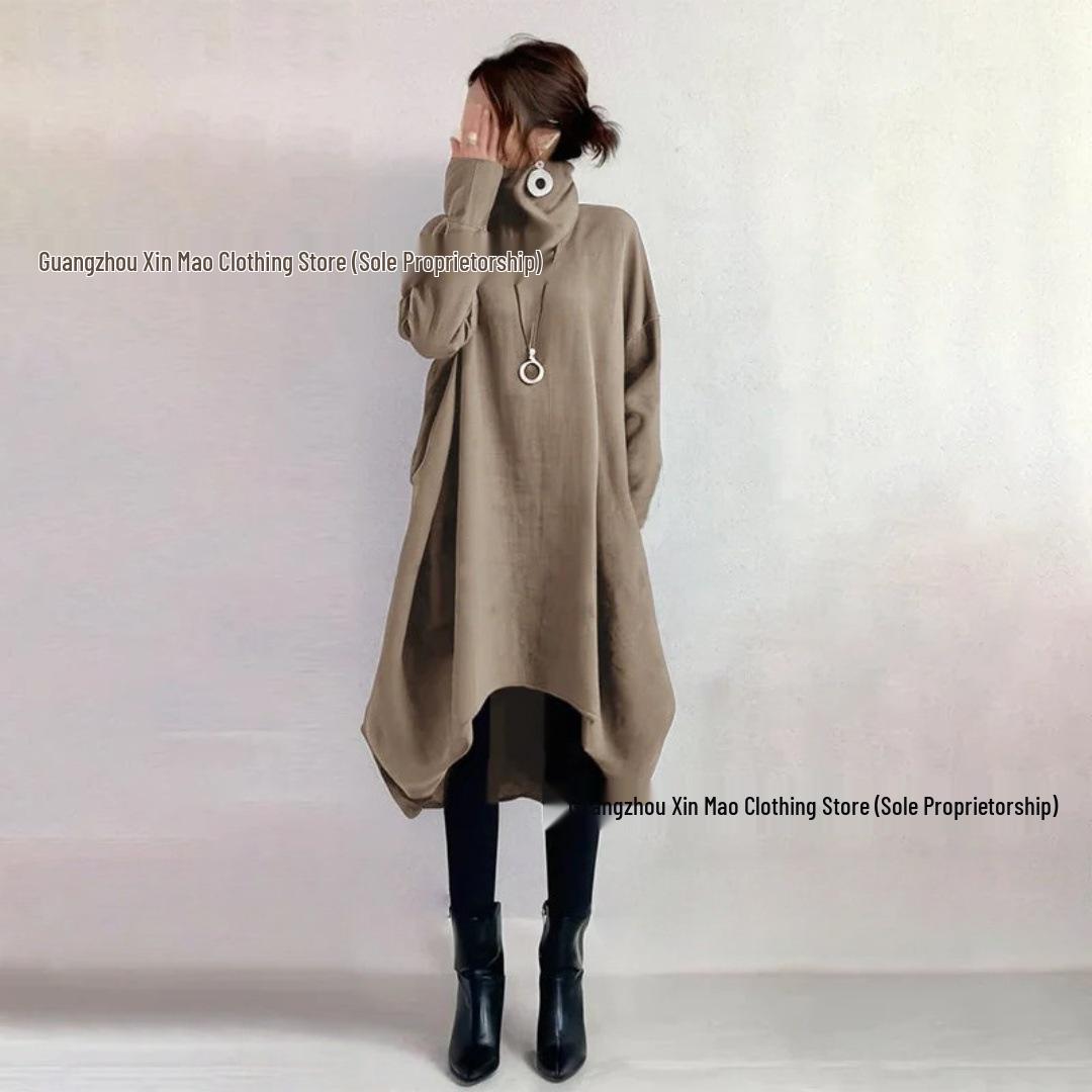 Хит продаж 2025 года Асимметричное платье с высоким воротником - Осенний корейско-японский стиль Small хаки