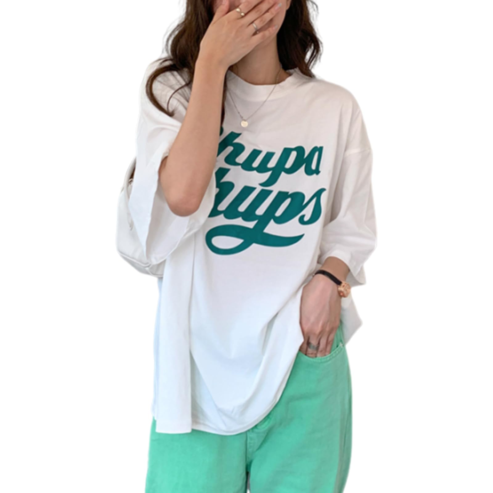 

Жіноча футболка з коротким довгим принтом англійським логотипом Round Body Korean Autumn [Merelop Ceto], рукави, футболка, топ, футболка, горловина, тонка, однотонна, з покриттям, білий