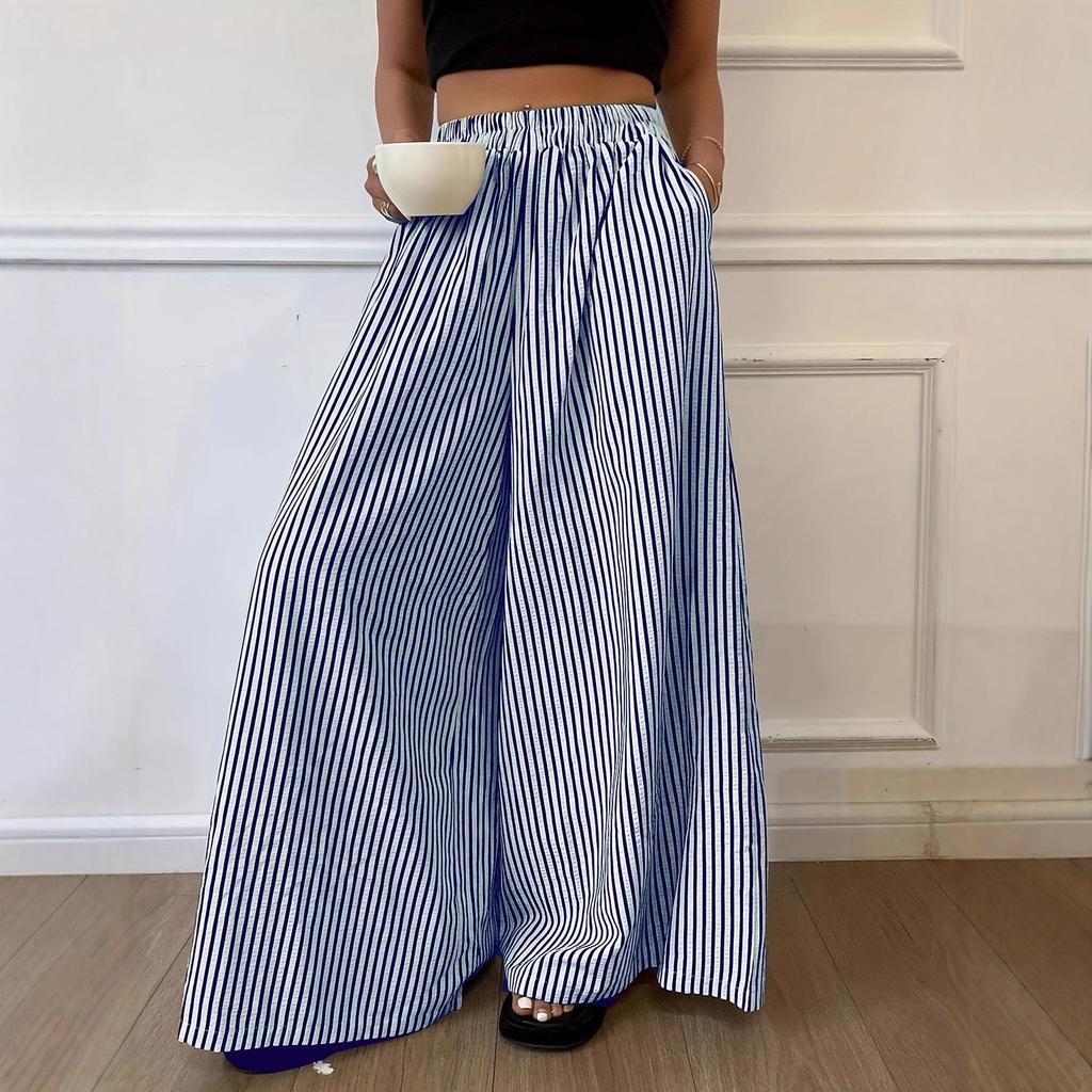 Plus Size Women Casual Flowy Loose Fit Wide Leg Long Pants Ladies Fashion Elastic High Waist Stripes Print Pants Streetwear