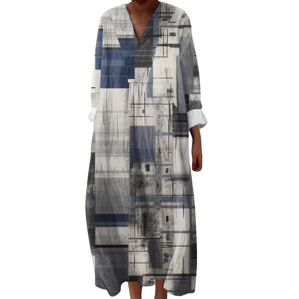 Women's Casual And Fashionable V-Veck Printed Long Sleeved Dress Long Sleeved Dress