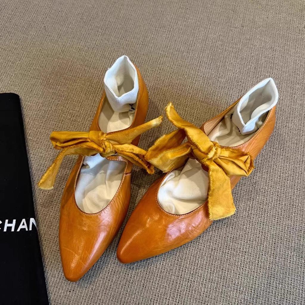 Cowhide version~ pointed lace-up literary and artistic ballet shoes for women's niche light luxury bow shallow mouth Mary Jane single shoes