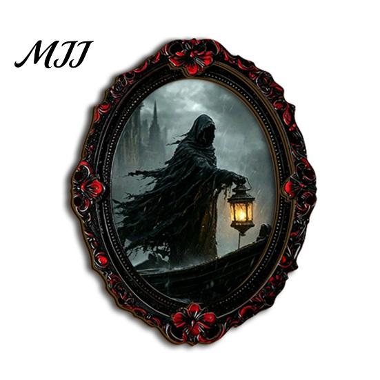 Small Halloween Scene Props Magnetic Fridge Magnet, Ghost Witch Photo Frame, Wooden Metal Cabinet Seasonal Ornaments Frame Decoration, Vintage