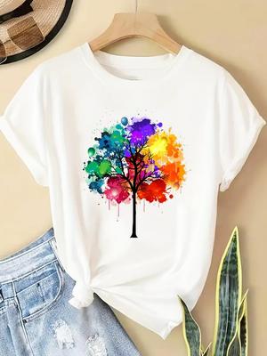 (Asian Size) Women Casual Short Sleeve T  Tee Top Clothing Shirt Fashion Watercolor Style Trend Printed Lady Female Graphic T-shirts