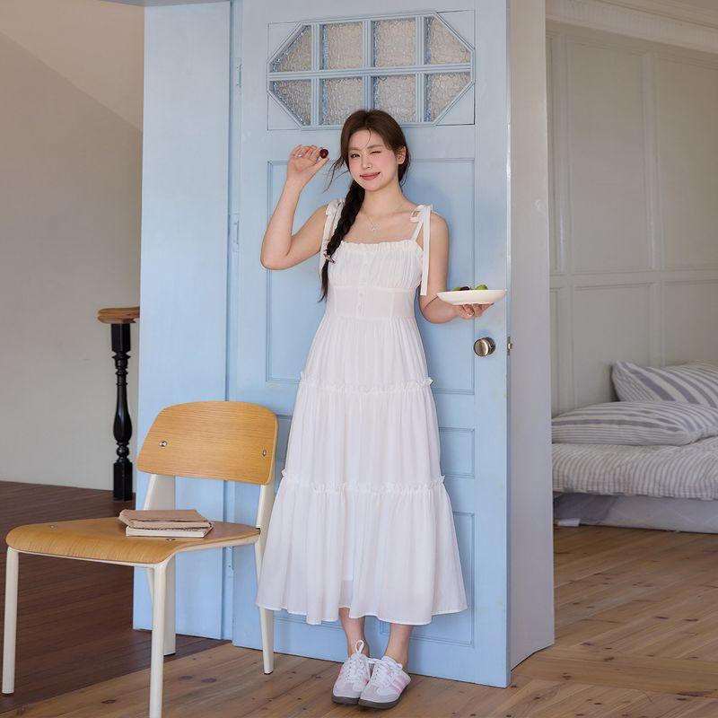 

Zhang Ren Plus Size Women s Clothing Plus Size Ladies Slim Looking Seaside Vacation Style Dress French Style Temperament Long Strap Skirt White L