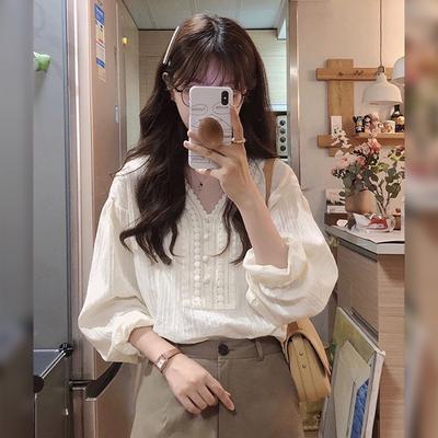 Women's Long Lantern Sleeve Blouse White Tops Office Lady Elegant Spring Summer V-neck Shirt