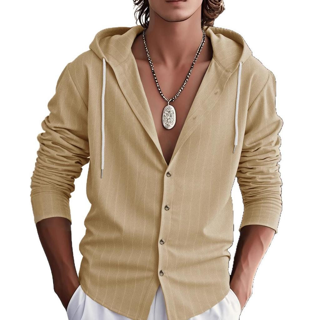 Men’s Long-Sleeved Linen Striped Shirt – New Spring/Autumn Slim-Fit Hooded Casual Shirt for Men