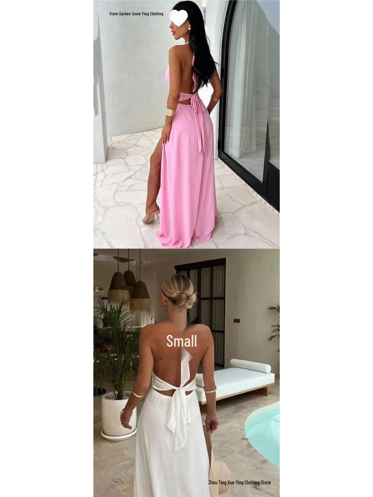 Jarní příchod: Elegantní evropské a americké dámské maxi šaty s halter výstřihem do V a rozparkem