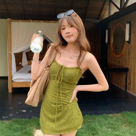 Green fresh suspender dress women's summer atmosphere lace-up tube top beautiful slim slim and thin hip skirt