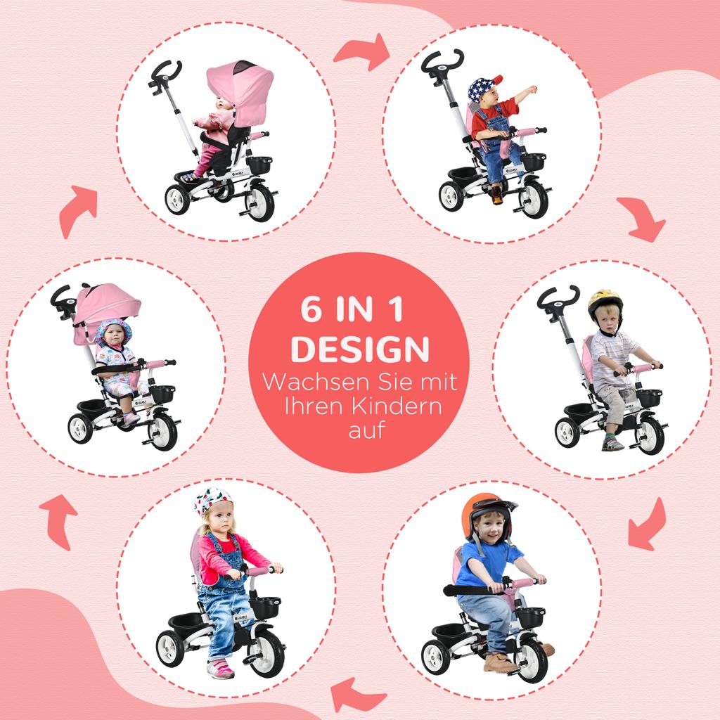 Metal Frame 6 in 1 Baby Push Tricycle with Parent Handle for 1-5 Years Old, Pink