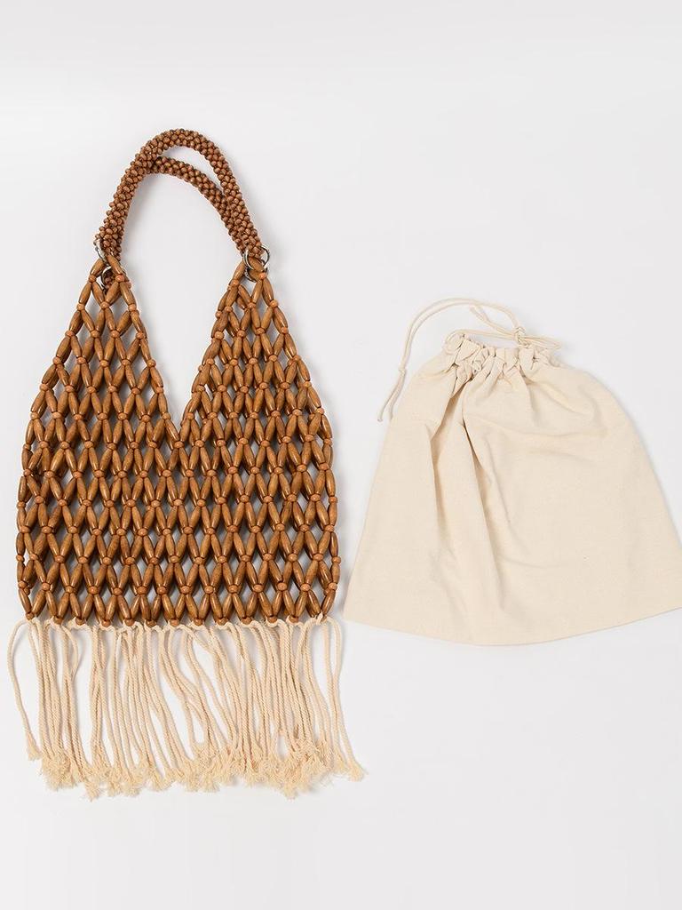 ENSPT Handgeweven Tas met Kralen Kwast: Europese & Amerikaanse Grensoverschrijdende Trend, Ideale Houten Kralen Handtas voor Vrouwen Vakantie aan Zee