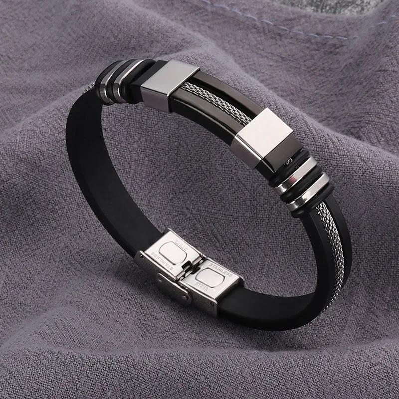 

Pulseras Fashion Stainless Steel Bracelets Men Wrist Band Black Grooved Mesh Link Insert Punk Wristband Casual Bangles Luxury чёрный