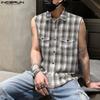 INCERUN Men Lapel Sleeveless Gradient Plaid Print Casual Shirts Tank Tops