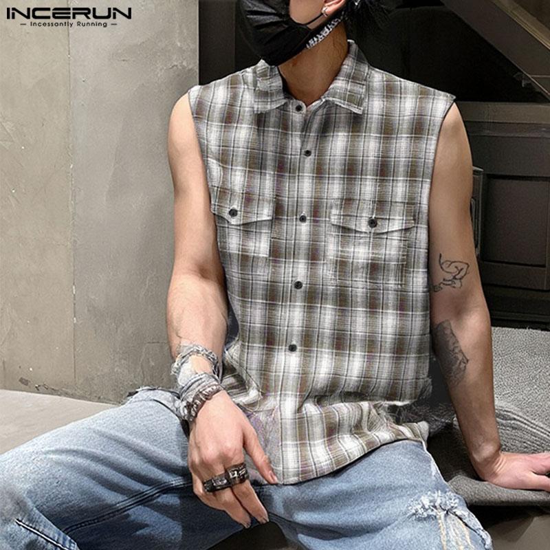 INCERUN Men Lapel Sleeveless Gradient Plaid Print Casual Shirts Tank Tops