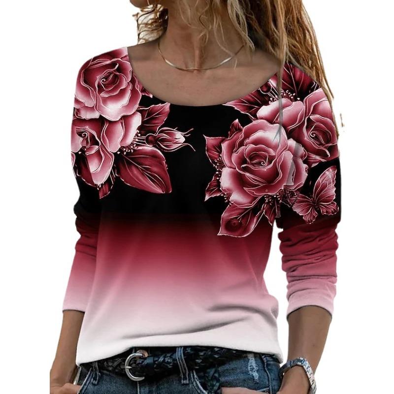 TIFICY Women's Fashion Casual Spring Autumn Flower Pattern Print Long Sleeve O-Neck Blouses & Shirts