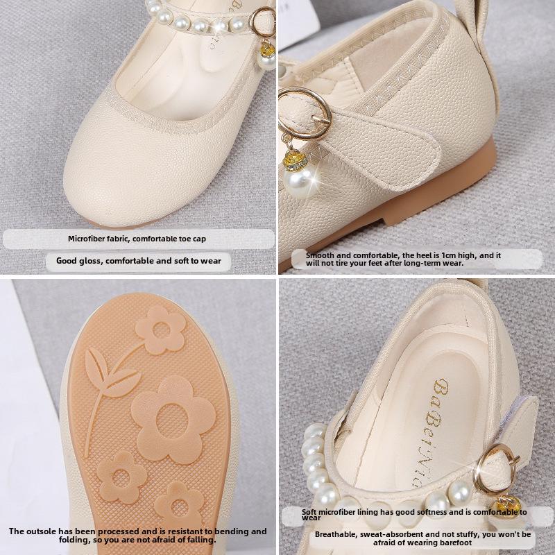 "2024 Summer Girls' Pearl Leather Shoes with Soft Soles for Young Students"