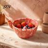 Decorative Fruit Display Dish Ceramic Berry Bowl, Self Rinsing with Drainage Hole Washing Flower Shaped Basket Glazed Bowl for Kitchen Countertop