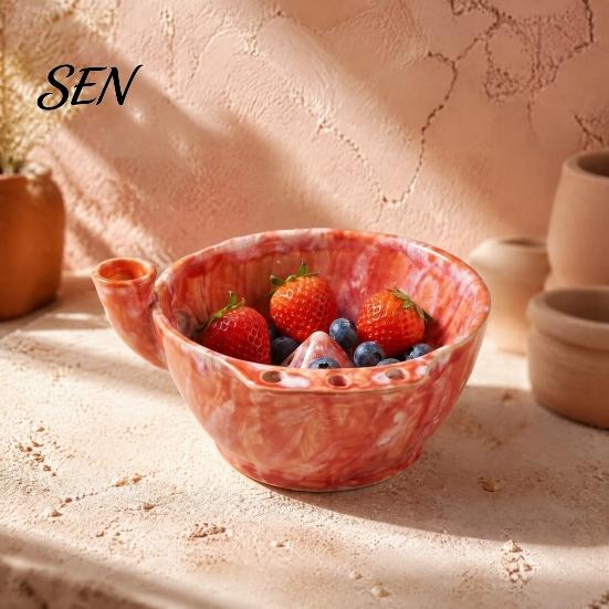 Decorative Fruit Display Dish Ceramic Berry Bowl, Self Rinsing with Drainage Hole Washing Flower Shaped Basket Glazed Bowl for Kitchen Countertop