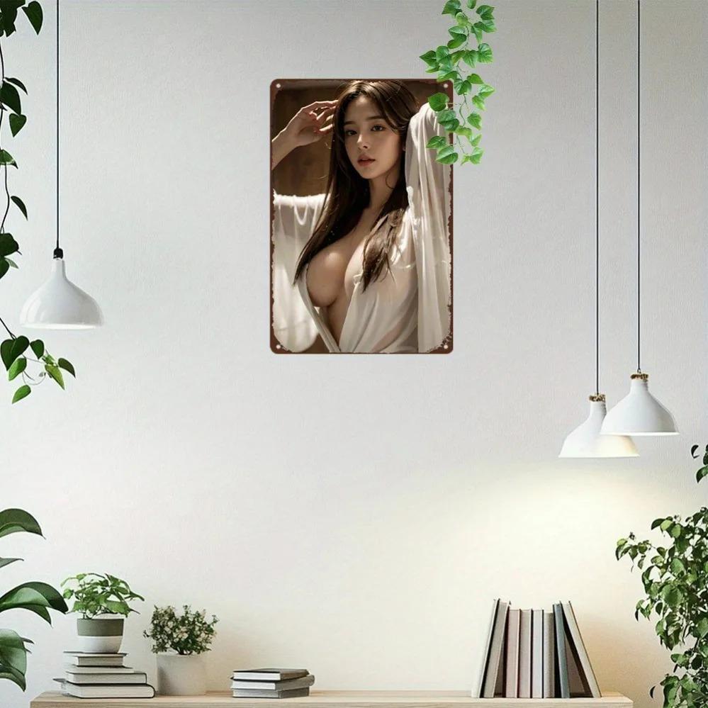 Anime Girl Metal Wall Art 8x12 Inch Retro White Lingerie Design Green Leaves Home Decor