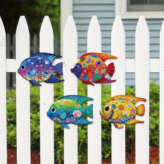 4 Stück Holzfisch Strand Wanddeko Tropenfisch Wandkunst Nautisches Meeresbewohner Küsten Hängende Skulptur für Badezimmer Wohnzimmer Küche