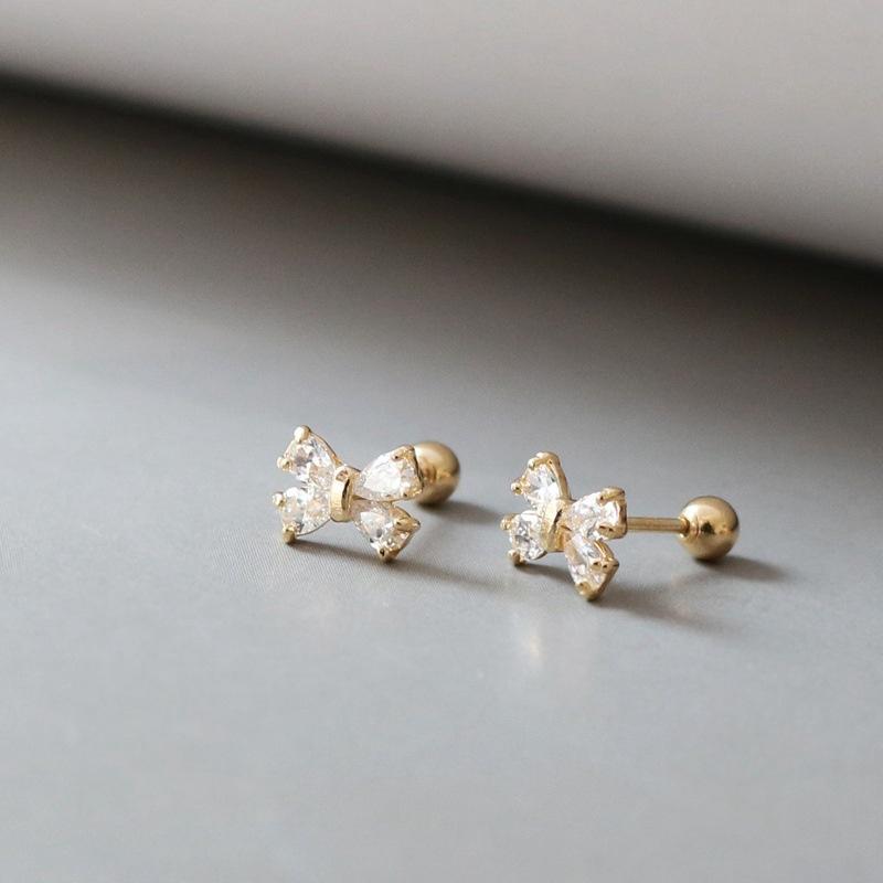 

925 Sterling Silver Plating 14K Gold Zircon Bow Screws Earrings for Women Korean Exquisite Jewelry Birthday Gift Gold