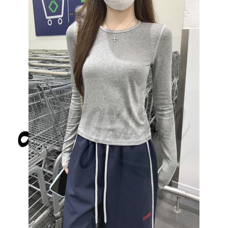 

Korean Style Tencel Long Sleeve Slim Fit Contrast Stitching Women s Base Layer Shirt - New Arrival S серый