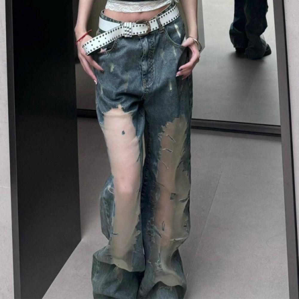 Straight Ripped Jeans Loose Baggy Pants Unique Casual Mesh Jeans  Women