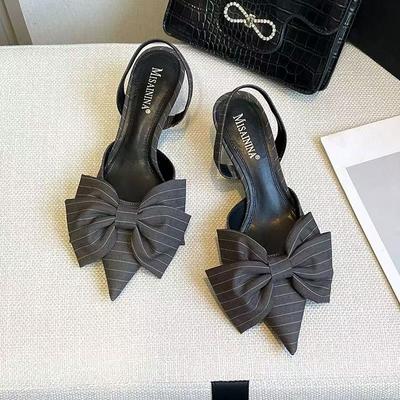 Fashion New Popular Striped Bow Ladies Mules Pointed Toe Low Heel Back Strap Pumps Elegant Fashion Casual Comfortable High Heels Sandals