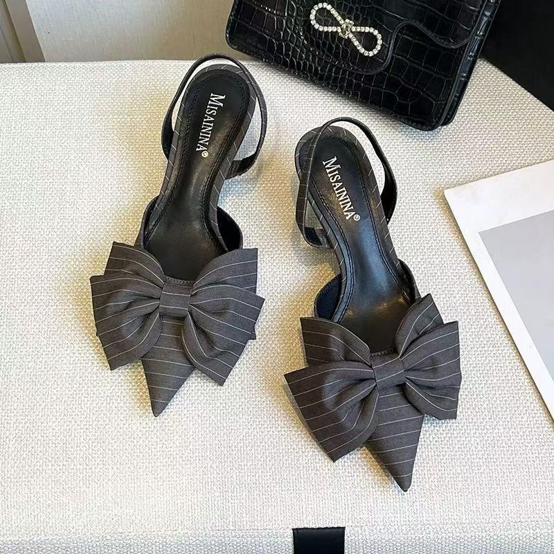New Popular Striped Bow Ladies Mules Pointed Toe Low Heel Back Strap Pumps Elegant Casual Comfortable High Heels Sandals