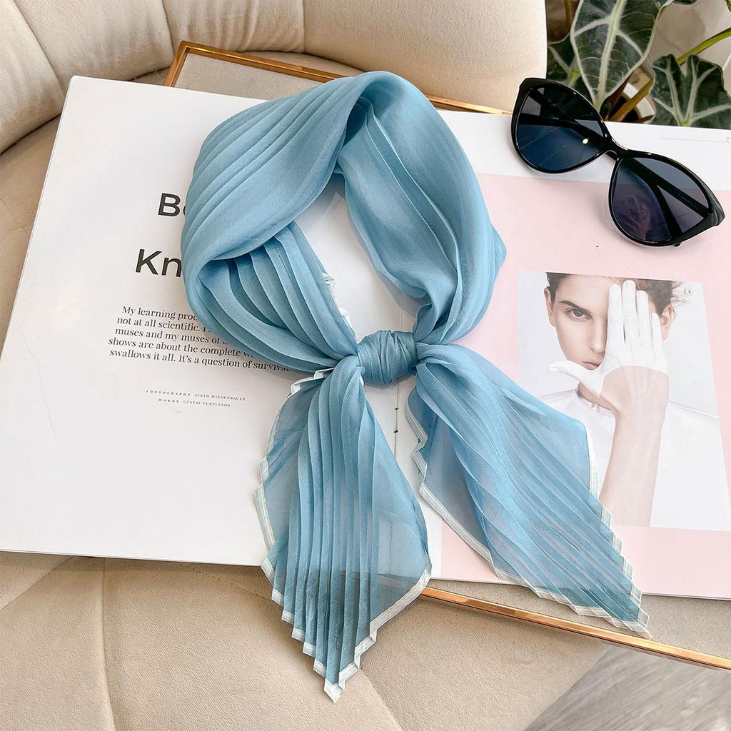 Solid Color Simulated Silk Scarf Women'S Spring Summer Pleated Small Square Scarf High-End Fashion Versatile Scarf