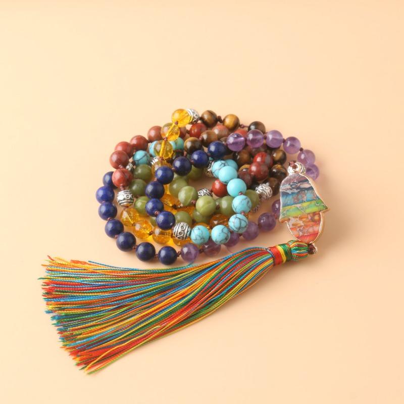 7 Chakra Natuursteen Mala Ketting – Hamsa Hand Regenboog Kwastje Boho Helende Sieraden, Spirituele Bescherming Cadeau voor Mannen Vrouwen