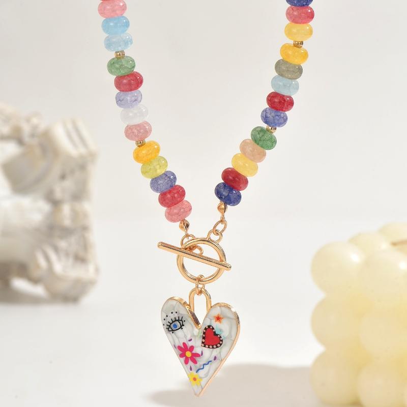 Dopamin Bunte Glas Herzförmige Perlen Anhänger Halskette Charm Damen Mädchen Femme Tägliche Kette Schmuck Zubehör Geschenke