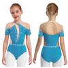 Kids Figure Skating Wear Short Sleeve Leotard Cutout Back Sheer Mesh Patchwork Shiny Rhinestones