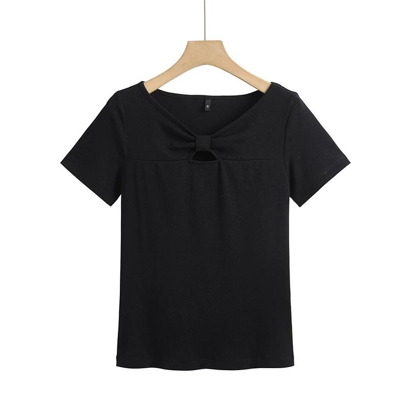 Hollow Chest Bowknot Sweet Korean Version of Slim Cotton Short-sleeved Women's T-shirt Fashion One-shoulder Half-sleeved Top