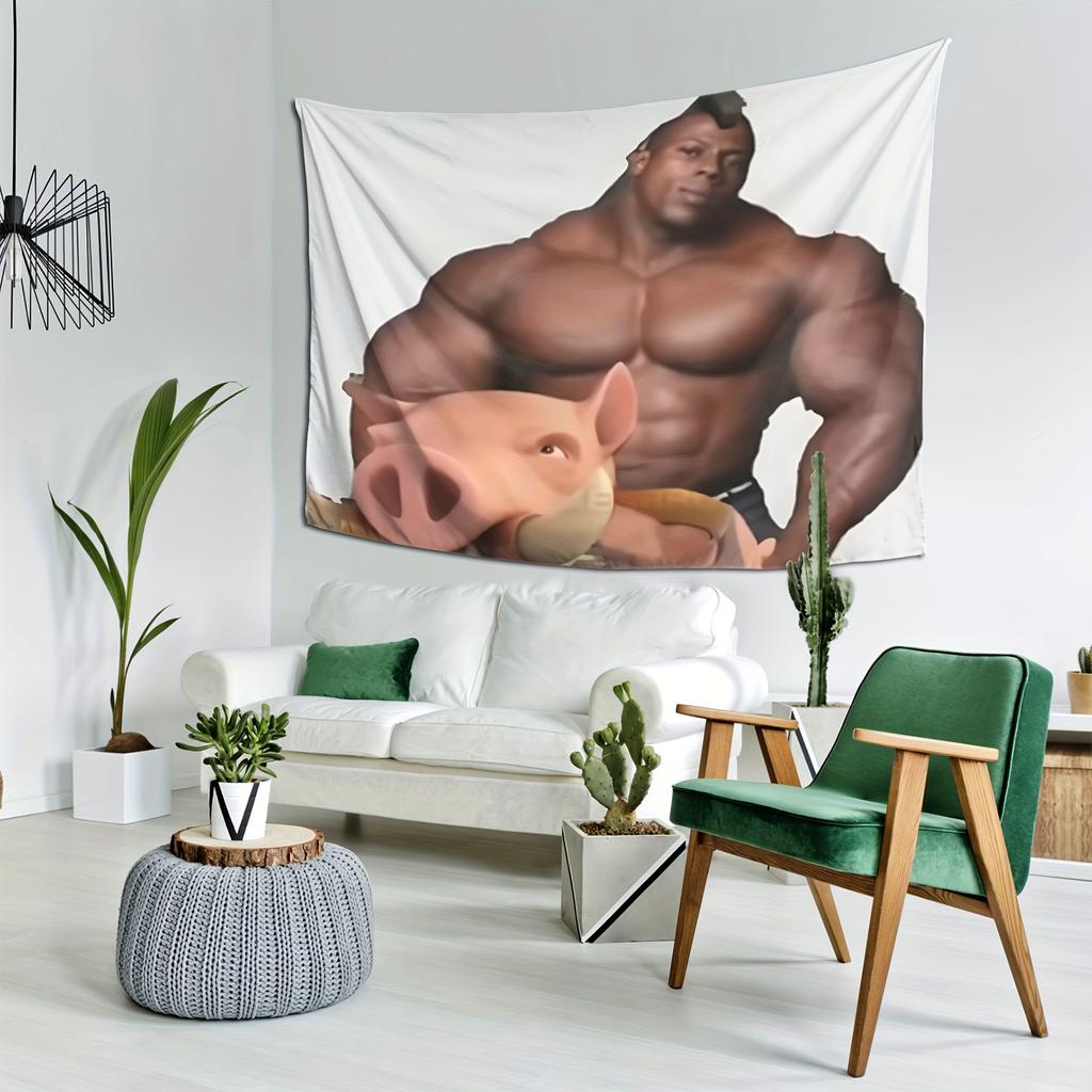 Muscle Man and Pig Tapestry Fun Bedroom Dormitory Wall Hanging Fabric Living Room Home Decoration