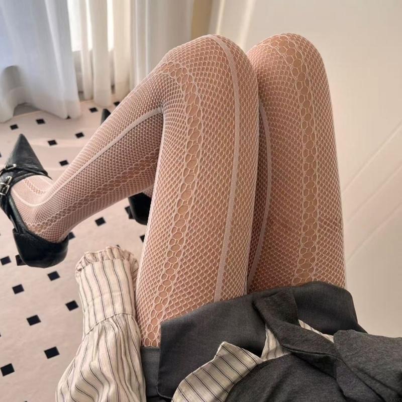 Womens Japanese Hollowed Out Tights Stockings Aesthetic Vertical Striped Patterned See Through Mesh Pantyhose