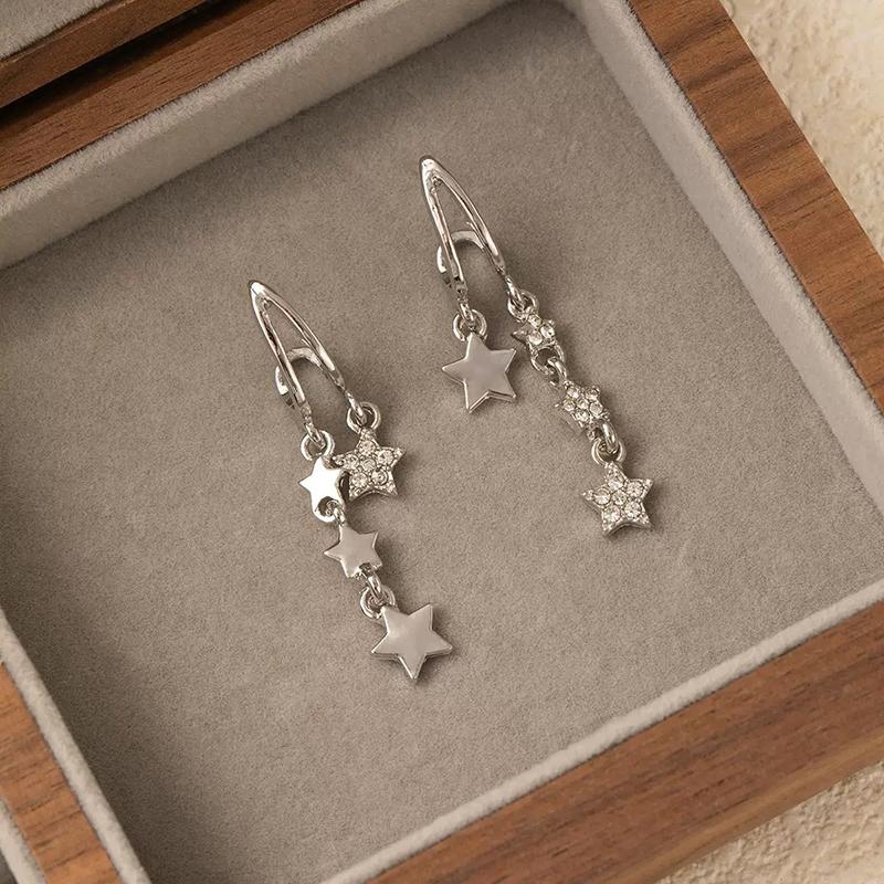 

Fashionable And Creative Inlaid Zircon Pentagram Tassel Earrings For Men And Women Cool And Personalized Daily Party Jewelry Gifts серебряный