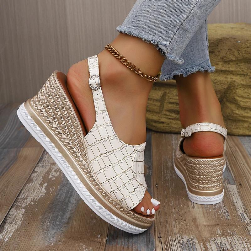 Fashion Summer New Plaid Pu Leather Sandals for Women Fashion Anckle Strap Wedge Sandal Female Plus Size Daily High Heel Sandalias Mujer