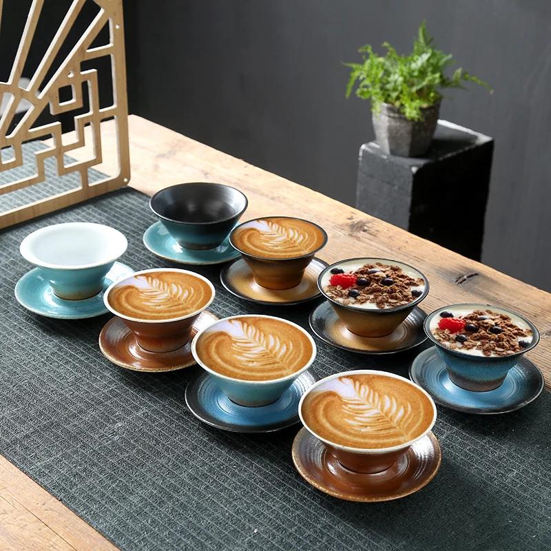 Coffee cup handmade Japanese retro figured cup rough pottery kiln change ceramic mug saucer tea mug coffee cups set  teacup