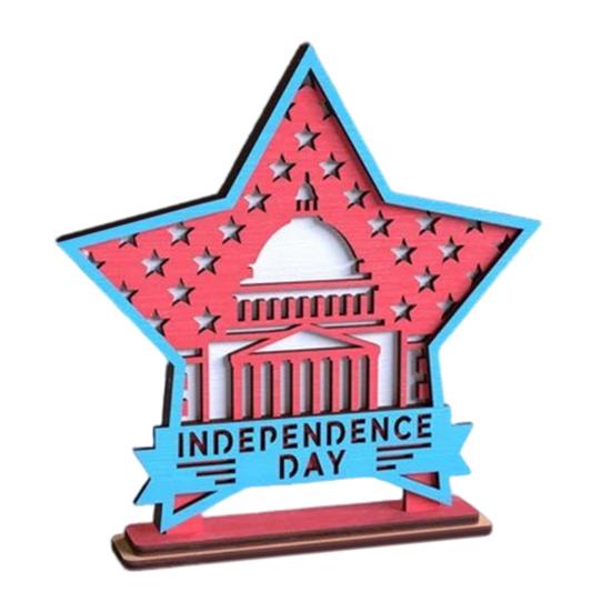 4th of July Desk Sign Star Shape Wooden Ornament Patriotic Table Centerpiece Tiered Tray Decor for Independence Day Home Office Decoration